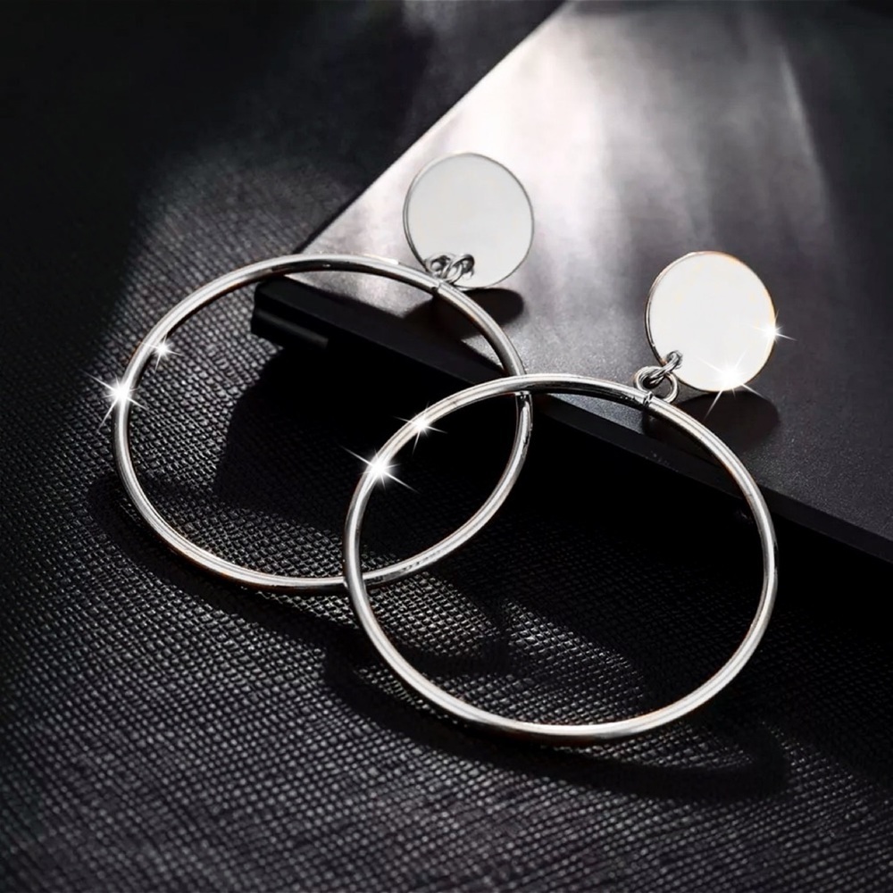 Silver Drop Stud Hoop Circle Earrings - Picture 6 of 8